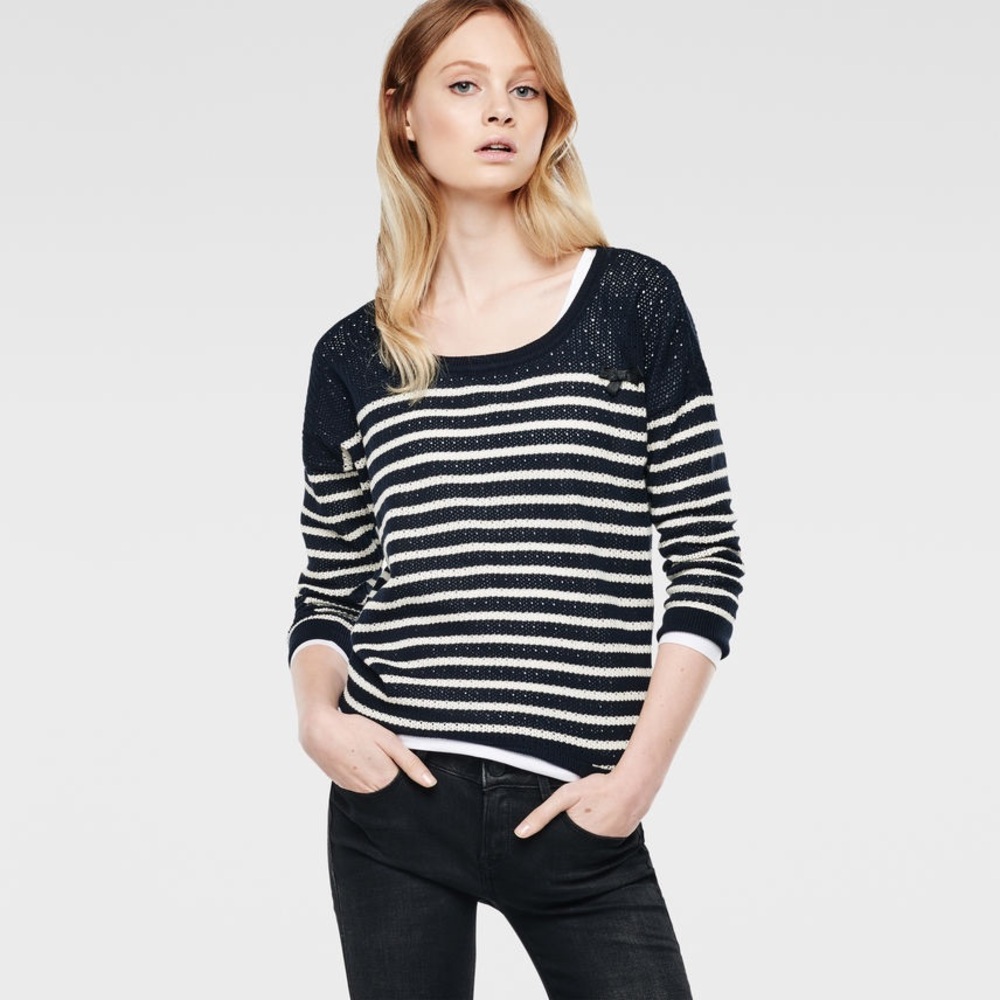 GSTAR Derlil Knit Navy White Stripe 3/4 Sleeve Open Knit Sweater Womens L Casual